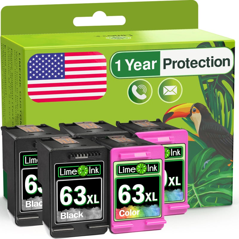 Limeink Remanufactured Ink Cartridge Replacement for HP Ink 63 for HP 63xl Ink Cartridge Combo Pack 63 cartridges for officejet 3830 Printer cartridges XL 5pk - Image 1